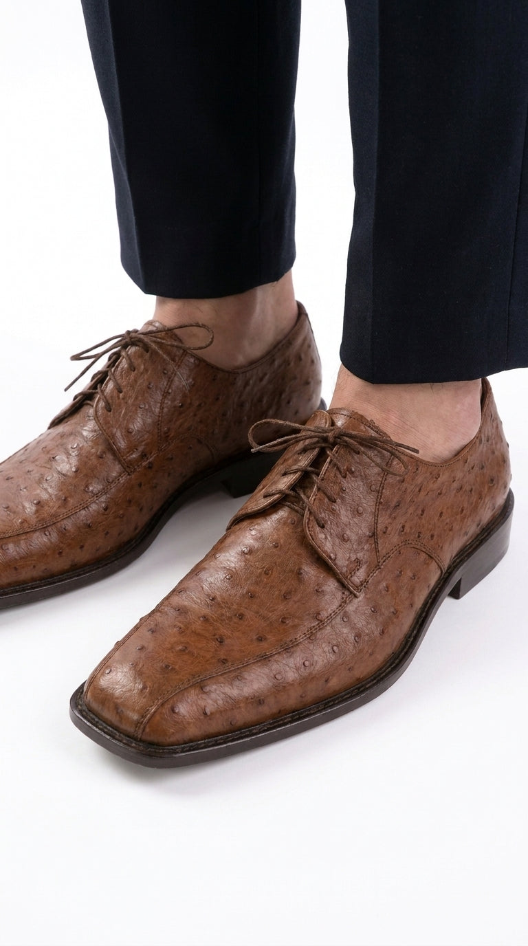 Men’s Exotic Ostrich Oxford Dress Shoes, Black and Brown Lace-Up Ostrich Skin Formal Shoes