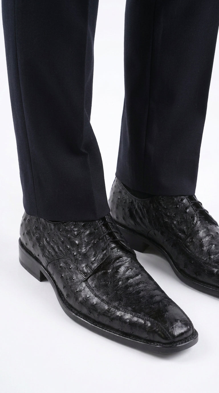 Men’s Exotic Ostrich Oxford Dress Shoes, Black and Brown Lace-Up Ostrich Skin Formal Shoes