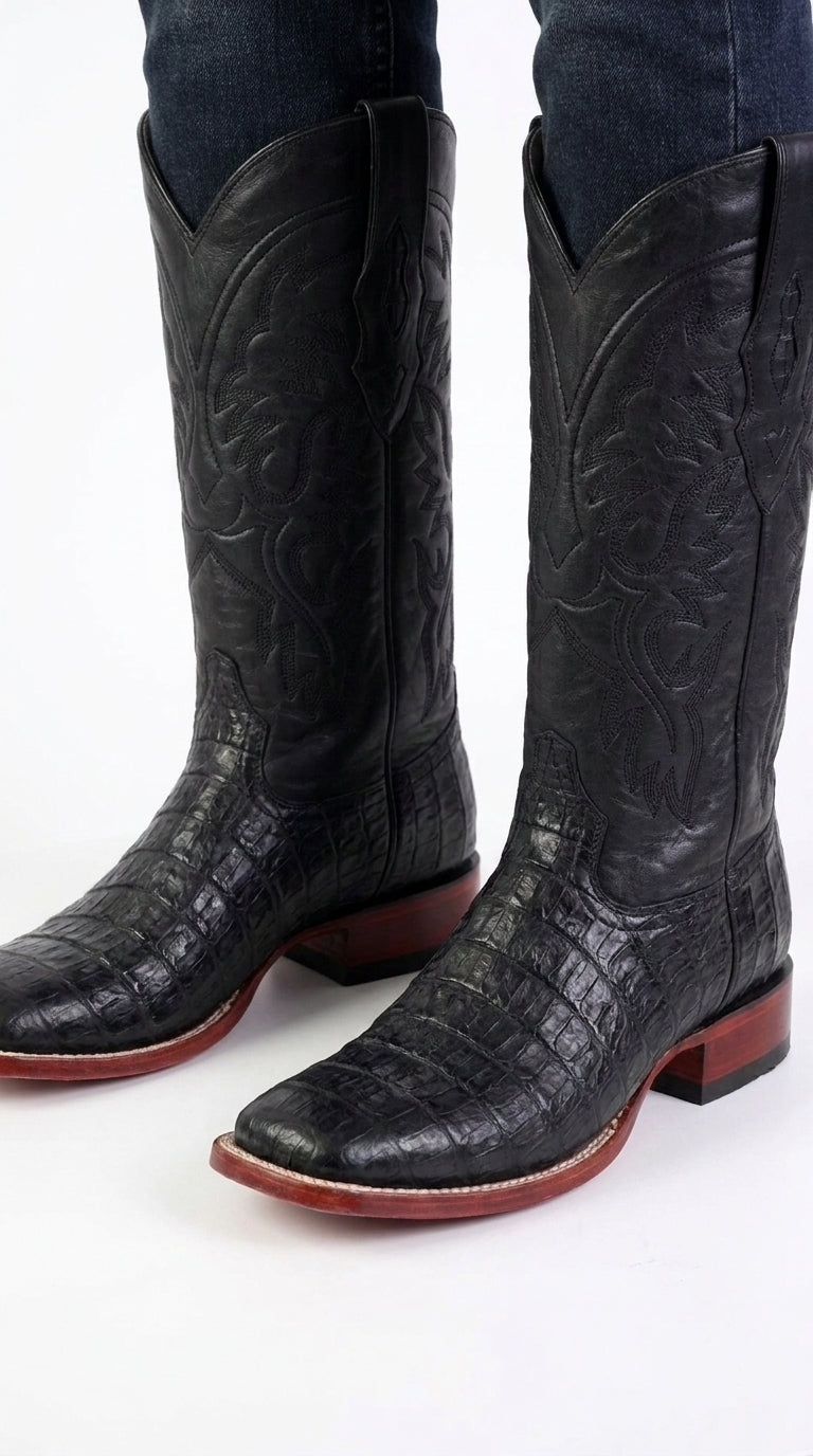 Los Altos Men’s Black Caiman Belly Wide Square Toe Boots, Exotic Western Cowboy Dress Boots