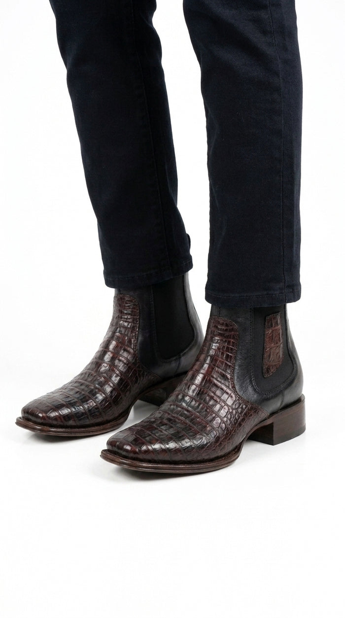 Men’s Black Cherry Short Caiman Boots, Square Toe Exotic Dress Ankle Boots