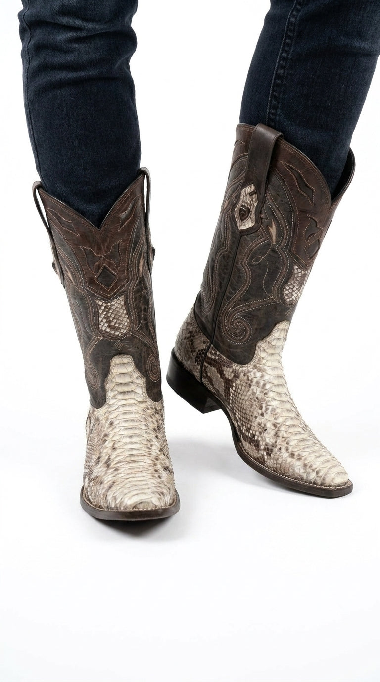 Men’s Natural Snake Skin Pointed Toe Western Boots, Exotic Cowboy Dress Boots