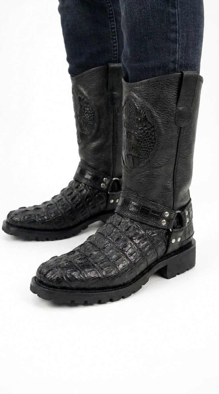 Los Altos Men’s Black Caiman Tail Skin Biker Boots, Exotic Western Motorcycle Boots