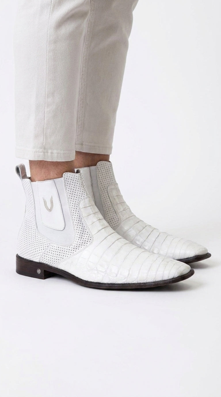 Men’s White Caiman Chelsea Boots, Handmade Exotic Dress Ankle Boots for Formal and Western Style