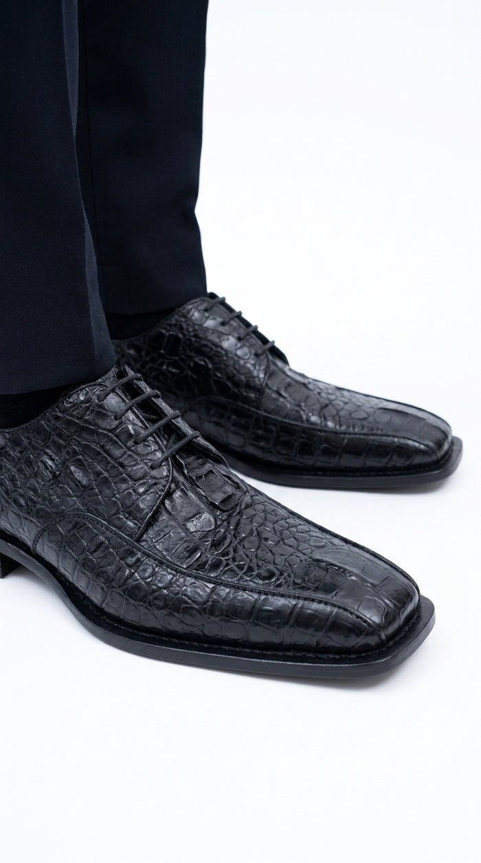 Los Altos Men’s Black Gator Belly Dress Shoes, Exotic Lace-Up Formal Shoes
