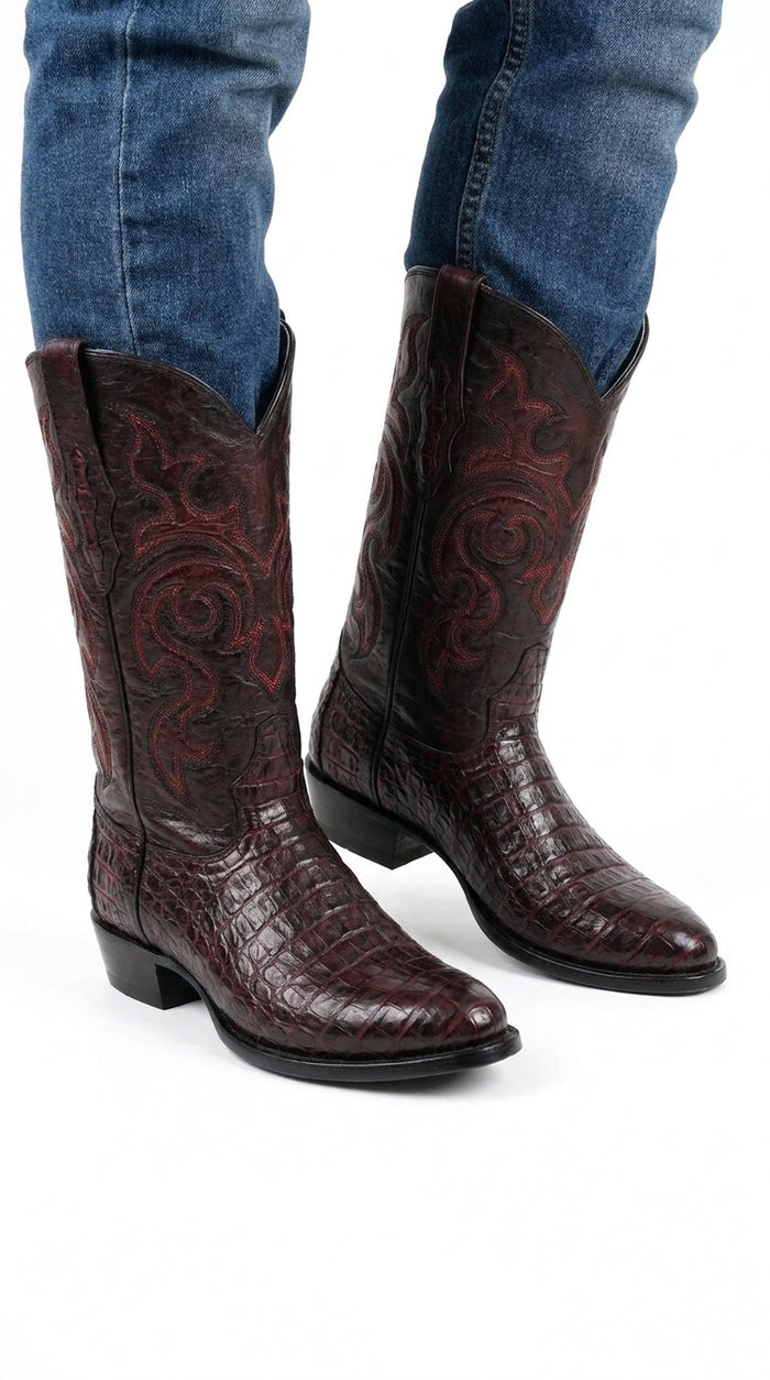 Los Altos Men’s Black Cherry Caiman Belly Boots, Round Toe Exotic Western Cowboy Dress Boots