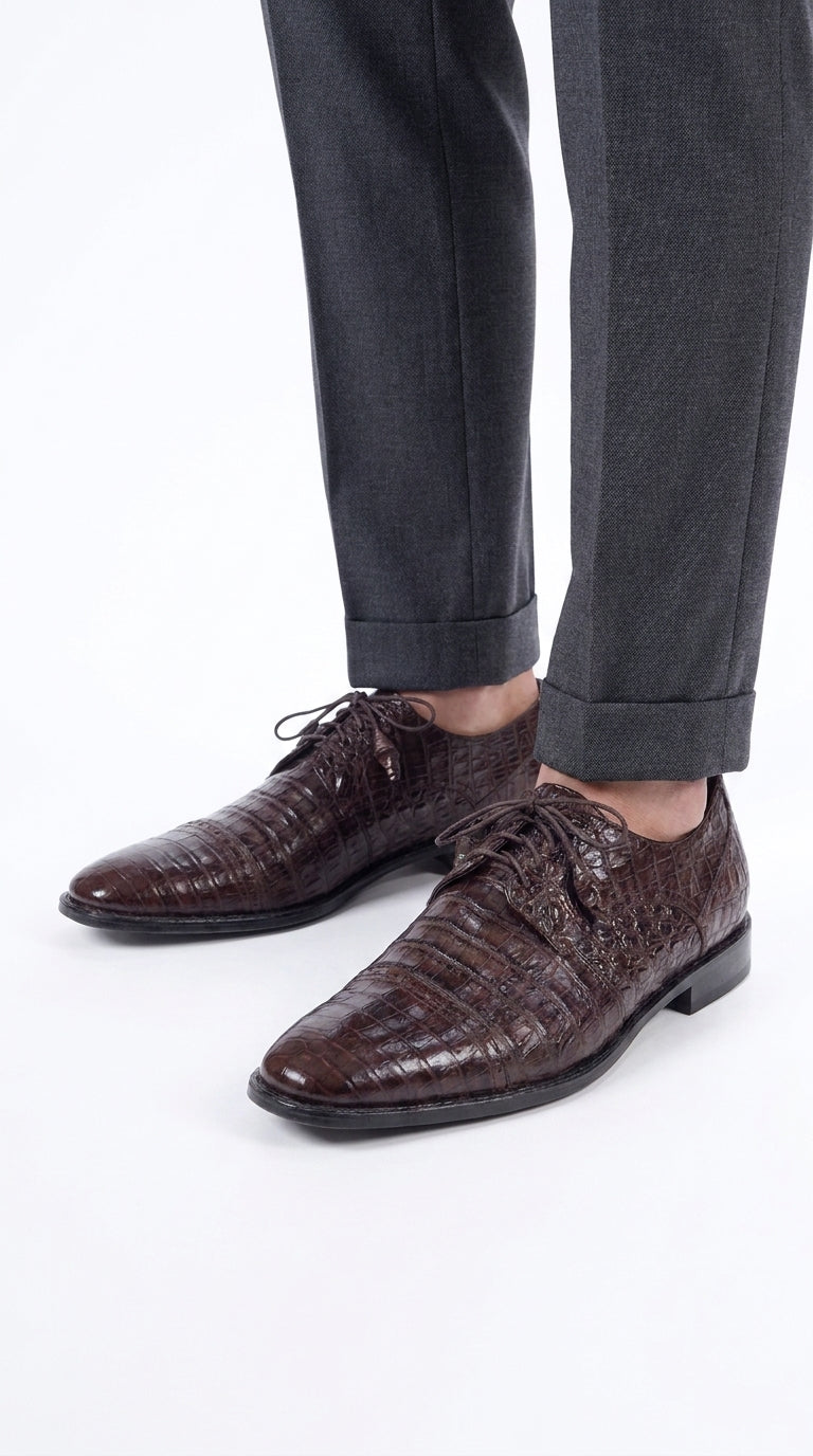 Los Altos Men’s Brown Genuine Caiman Oxford Shoes, Exotic Lace-Up Formal Dress Shoes