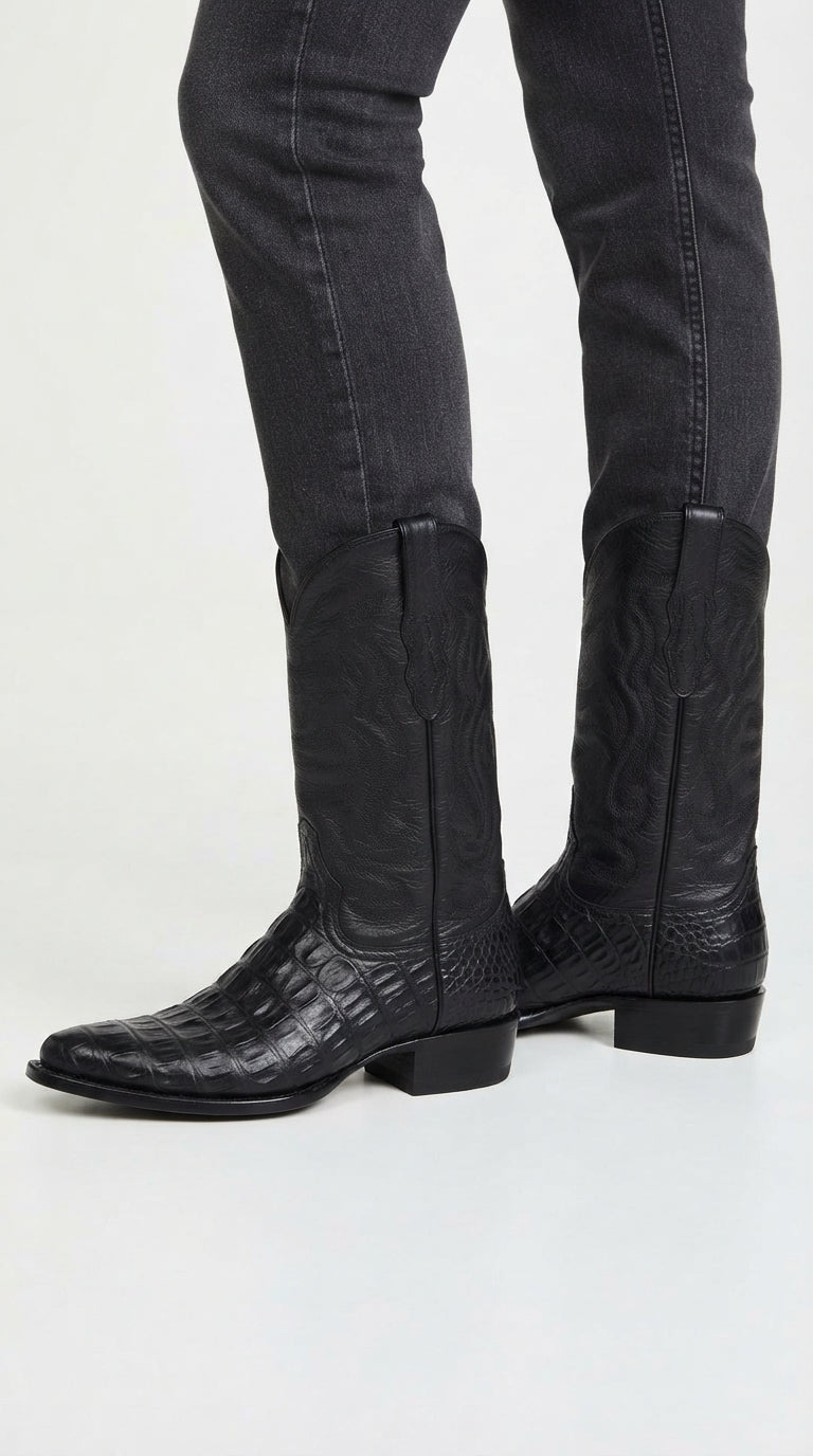Men’s Black Alligator Print Snip Toe Boots, Exotic Western Cowboy Dress Boots