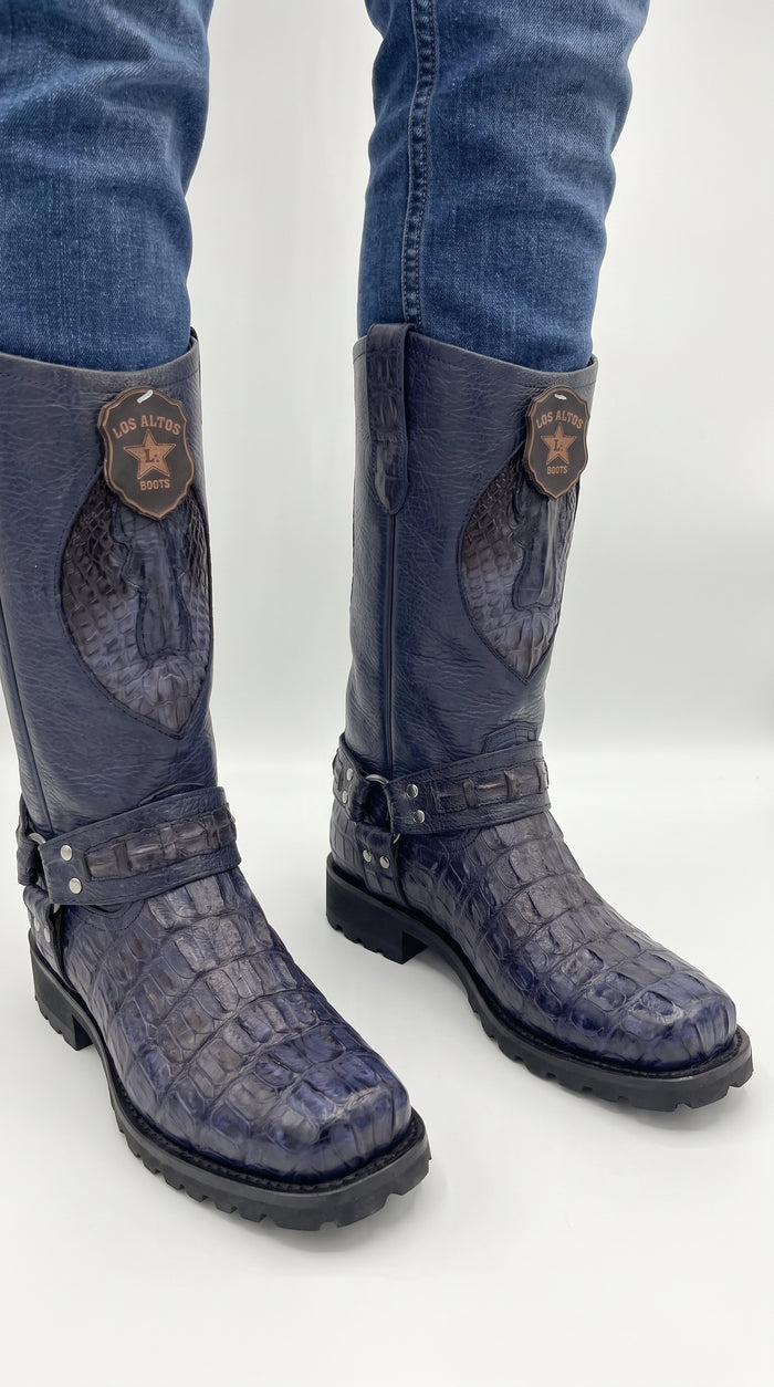 Men’s Los Altos Navy Blue Caiman Tail Skin Biker Boots – Exotic Leather Western Motorcycle Boots
