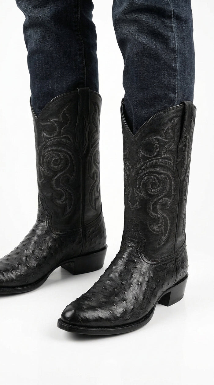 Los Altos Men’s Black Full Quill Ostrich Boots, Round Toe Exotic Western Cowboy Dress Boots