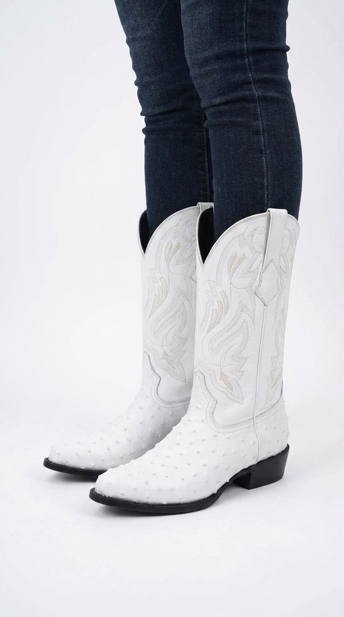 Men’s White Print Ostrich Western Boots, Exotic Cowboy Dress Boots for Wedding and Country Wear