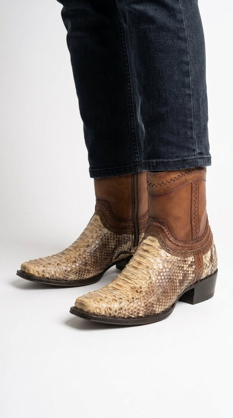 Men’s Natural Python Skin European Toe Short Boots, Brown Western Dress Ankle Boots