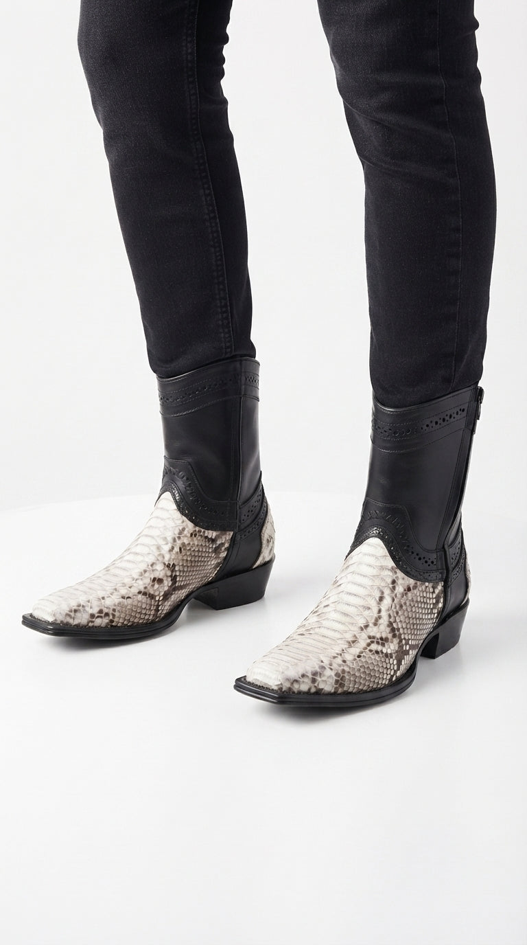 Men’s Natural Python Western Boots with Black Shaft, European Toe Vaquero Dress Boots LAB-76B5749