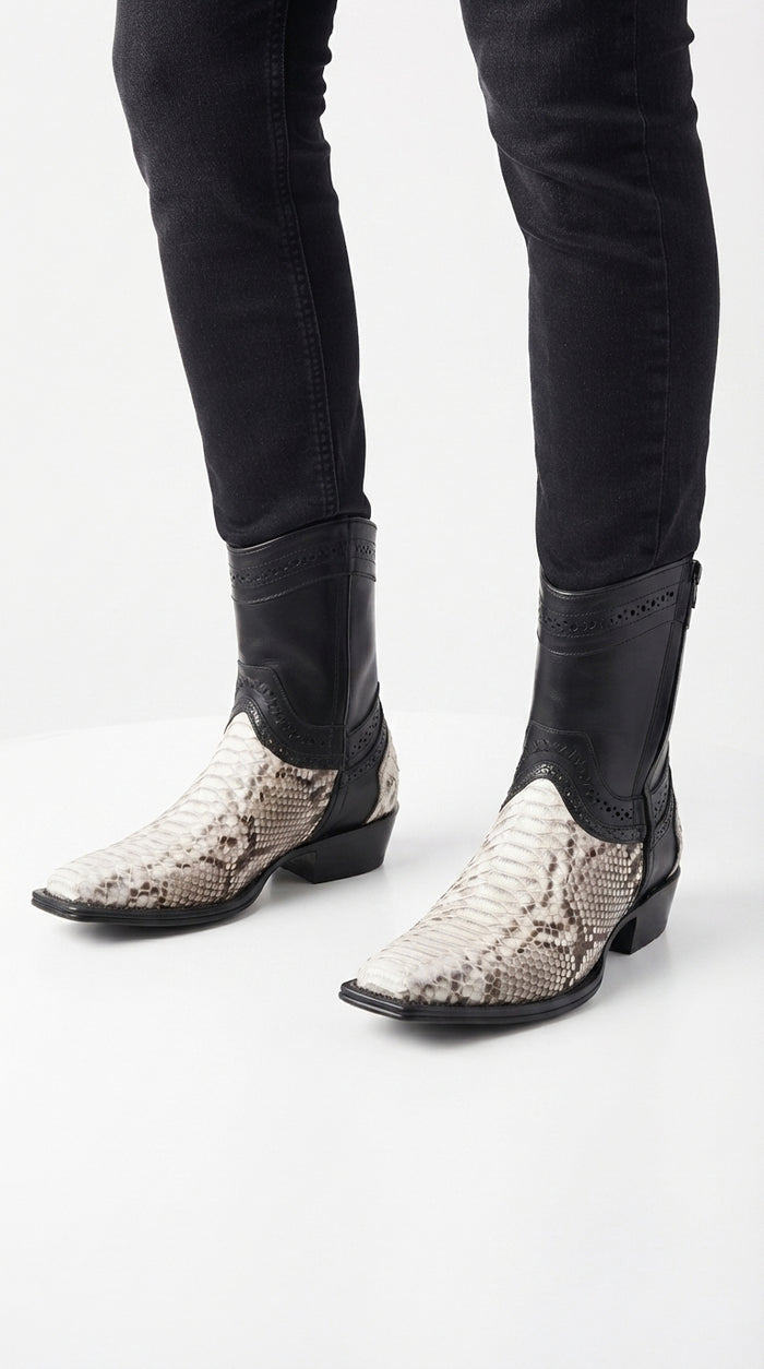Men’s Natural Python Western Boots with Black Shaft, European Toe Vaquero Dress Boots LAB-76B5749