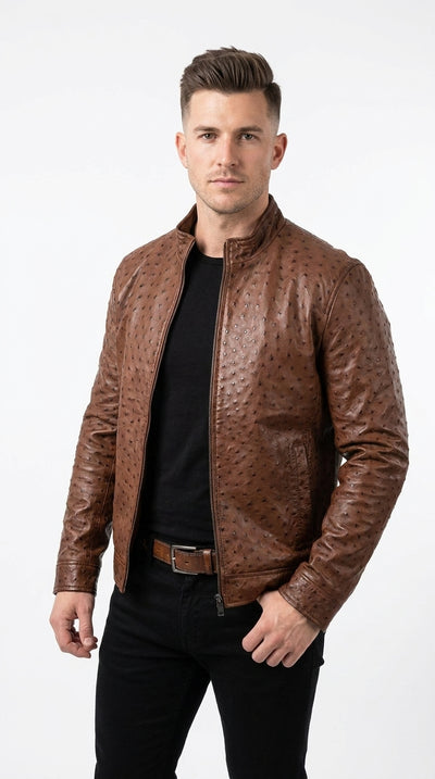 Men’s Grey Ostrich Leather Jacket, Original Fine Exotic Western Dress Jacket