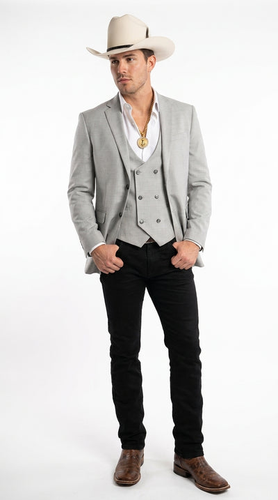 Men’s Light Gray Western Suit Blazer with Double-Breasted Vest, Modern Cowboy Formal Outfit