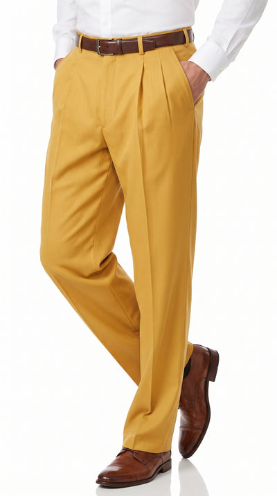 Men’s Gold Pleated Dress Pants, Formal Slacks for Church, Wedding and Special Events