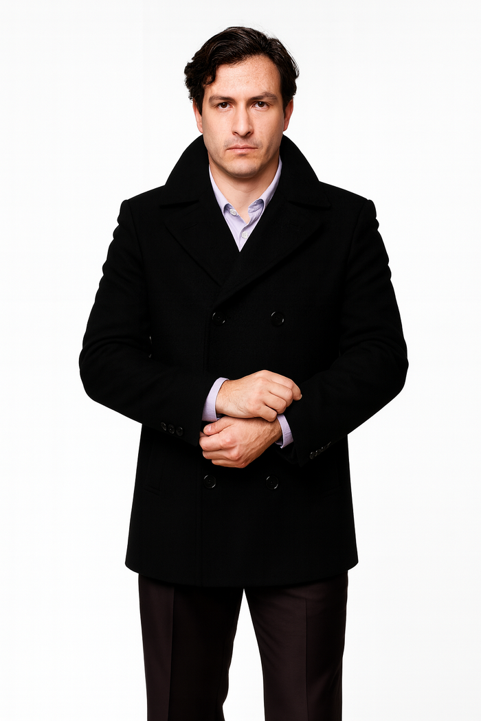 Men's Black Six Button Double Breasted Cheap Priced Mens Wool Peacoat Jacket