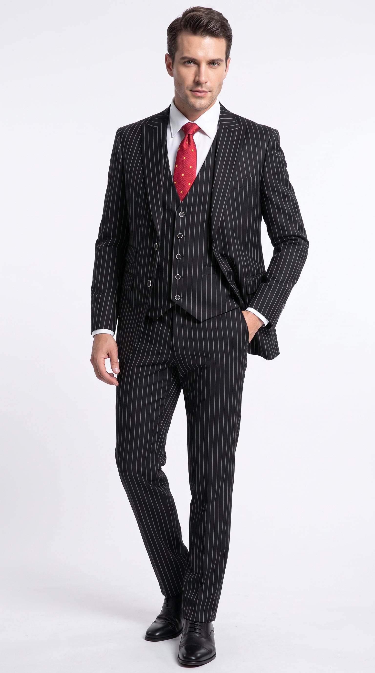 Men’s Black Pinstripe 1920s Gangster Suit with Vest, Formal Vintage Party Dress Suit