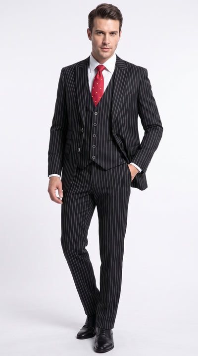Men’s Black Pinstripe 1920s Gangster Suit with Vest, Formal Vintage Party Dress Suit