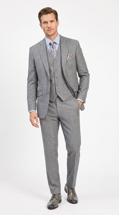 Men’s Light Grey Windowpane Plaid Suit, 1920s Inspired 3 Piece Formal Wedding Dress Suit