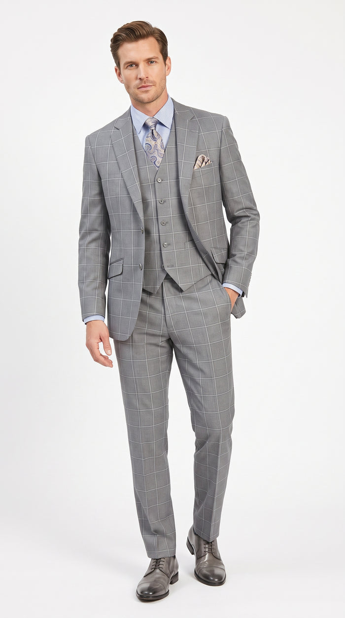 Men’s Light Grey Windowpane Plaid Suit, 1920s Inspired 3 Piece Formal Wedding Dress Suit