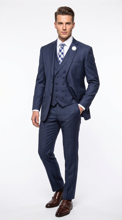 Vinci V2RW-13 Men’s Blue Square Plaid 3 Piece Suit, Harlem Nights 1920s Regular Fit Formal Suit