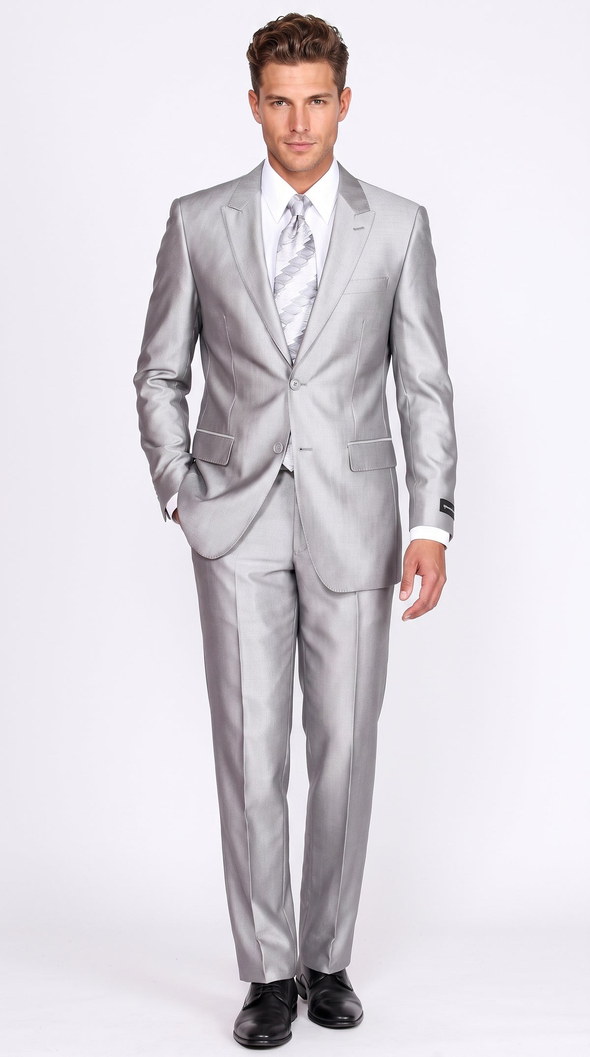 Men’s Silver 2 Button Sharkskin Suit, Shiny Formal Wedding Prom Business Dress Suit