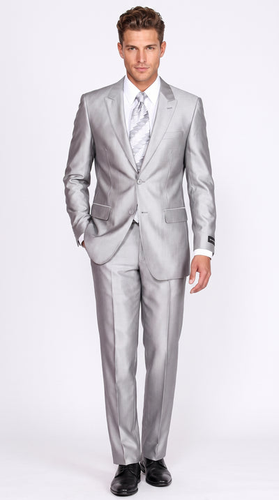 Men’s Silver 2 Button Sharkskin Suit, Shiny Formal Wedding Prom Business Dress Suit