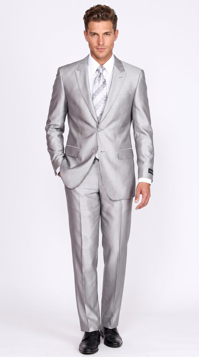 Men’s Silver 2 Button Sharkskin Suit, Shiny Formal Wedding Prom Business Dress Suit