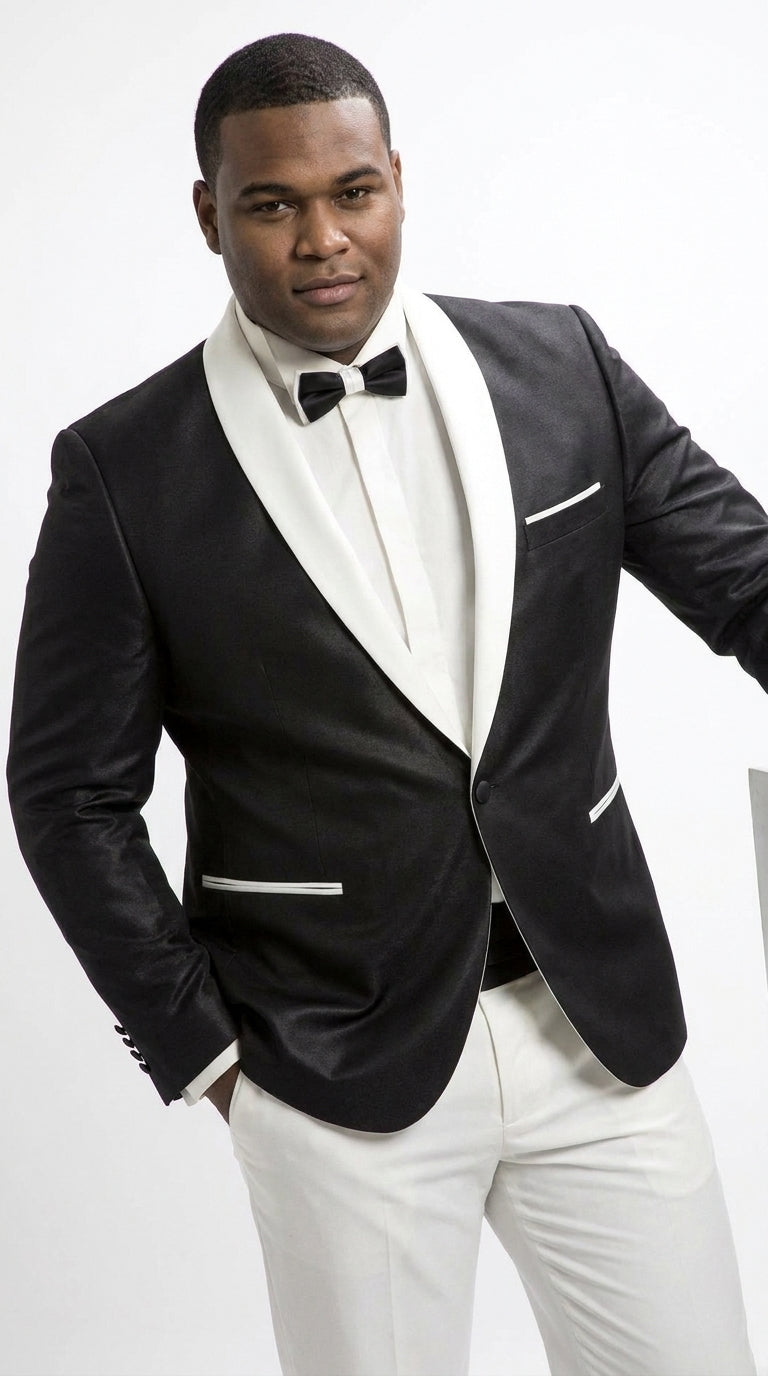 Men’s Black Dinner Jacket with White Shawl Lapel, Single Button Formal Tuxedo Blazer