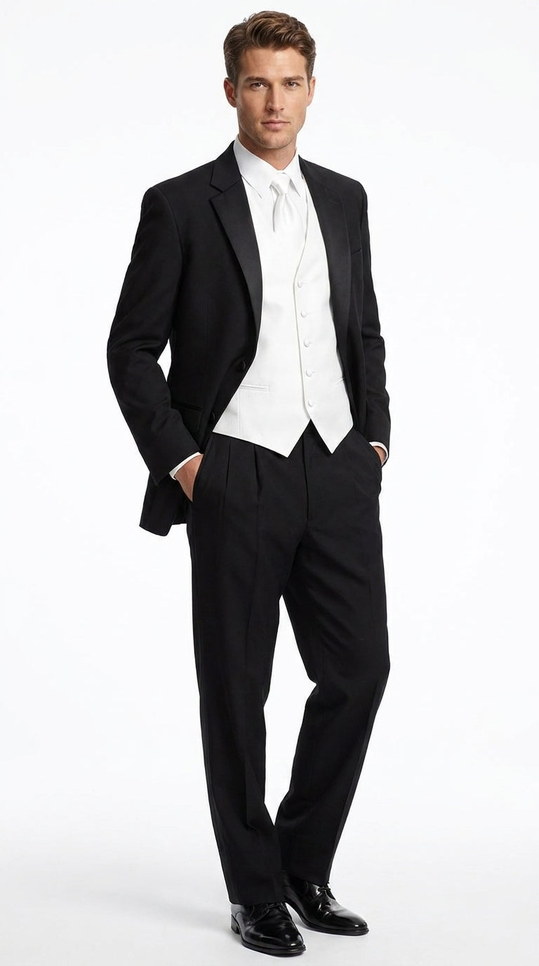 Men’s Black Super 120s Tuxedo Package Deal, 2 Button Formal Suit with White Shirt, Tie and Vest