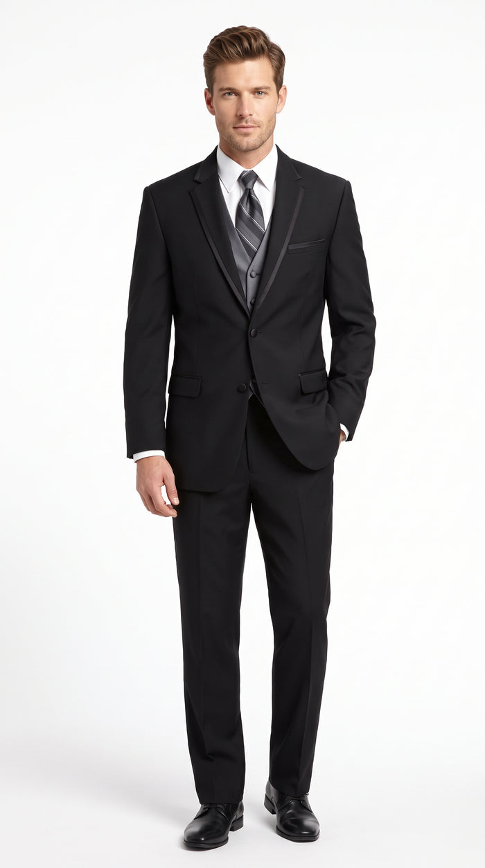 Men’s Black 3-Piece Wool Suit with Gray Vest – 2 Button Wedding, Prom & Formal Vested Suit