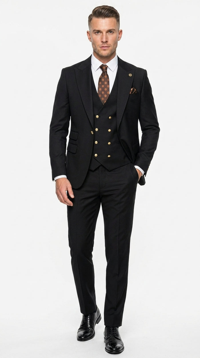 Men’s Black Wool Suit with Gold Buttons, One Button Formal Wedding Business Suit with Double Breasted Vest