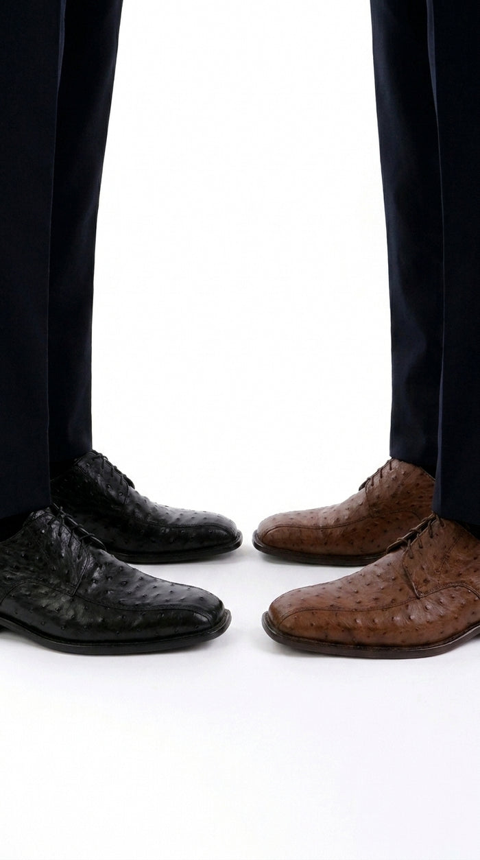 Men’s Exotic Ostrich Oxford Dress Shoes, Black and Brown Lace-Up Ostrich Skin Formal Shoes