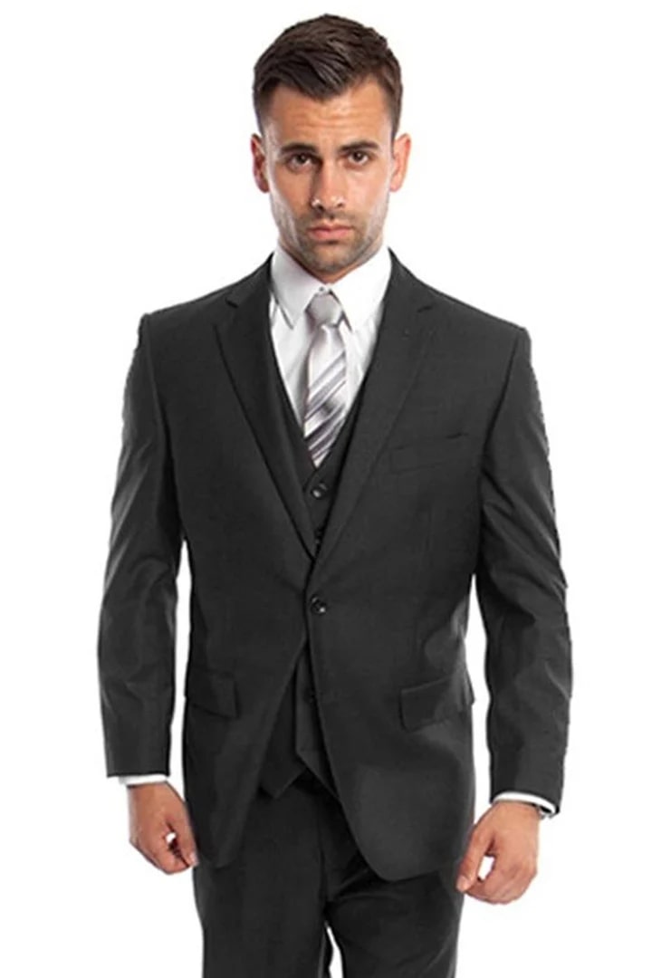 Men's Two Button Black Vested Suit