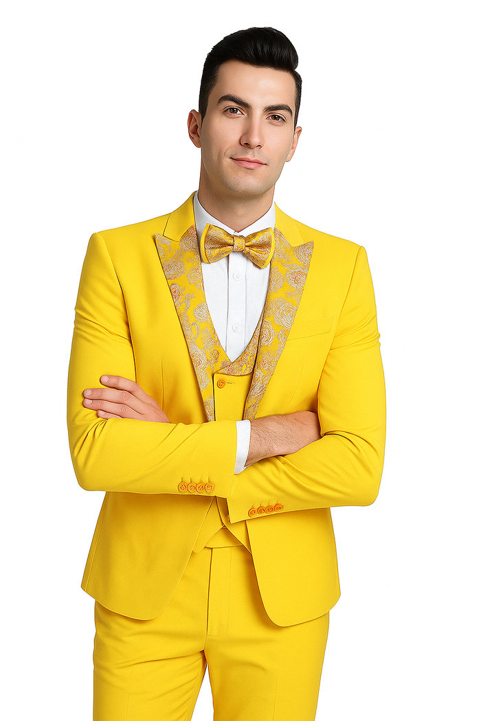 Radiant Golden Bloom 3-Piece Floral Lapel Suit