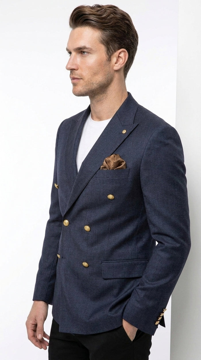 Men’s Navy Blue Double Breasted Wool Blazer with Gold Buttons, Formal Dress Sport Coat
