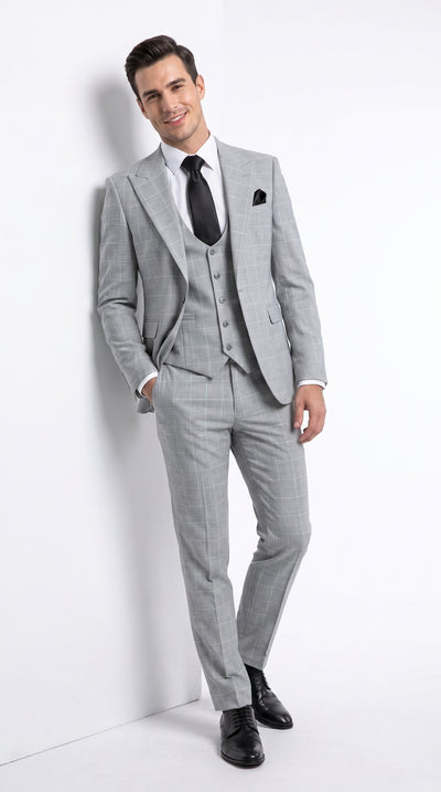 Rossi Man TOM RM1851 Men’s Light Grey Windowpane 3 Piece Suit, Formal Wedding Prom Dress Suit
