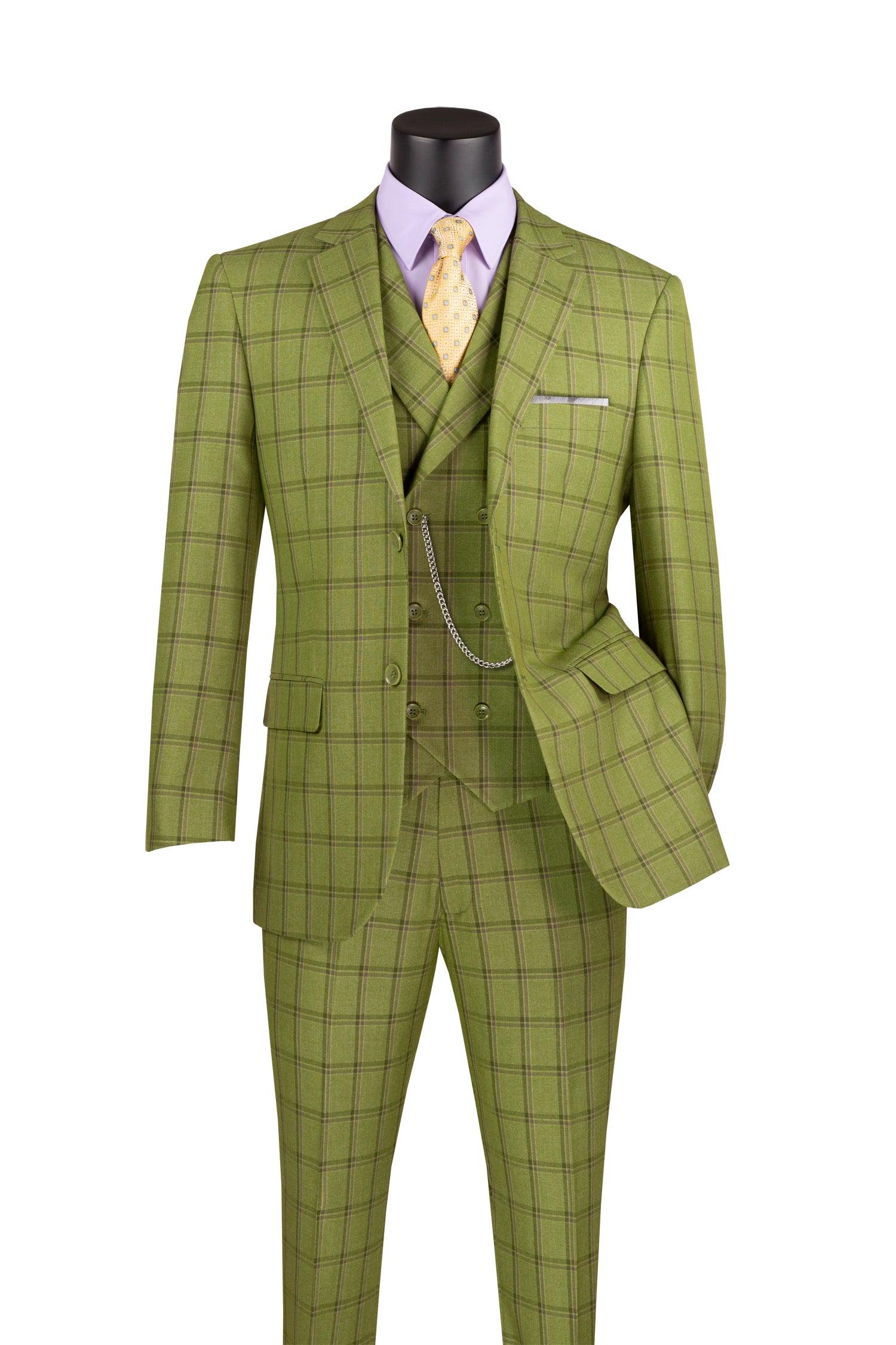 Windowpane Three Piece Suit in Moss Green