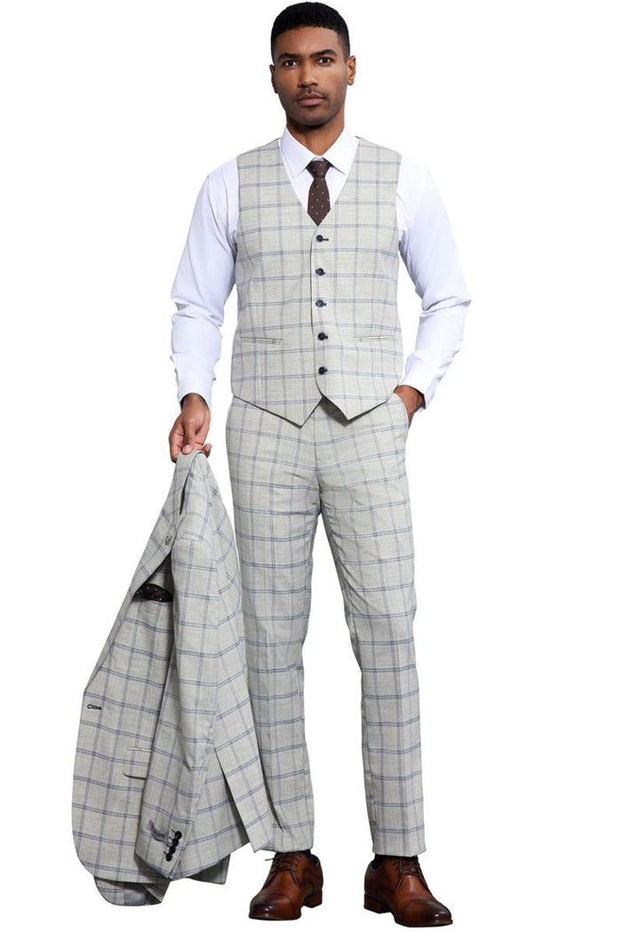 Stacy Adams Grey & Blue Windowpane Plaid Suit