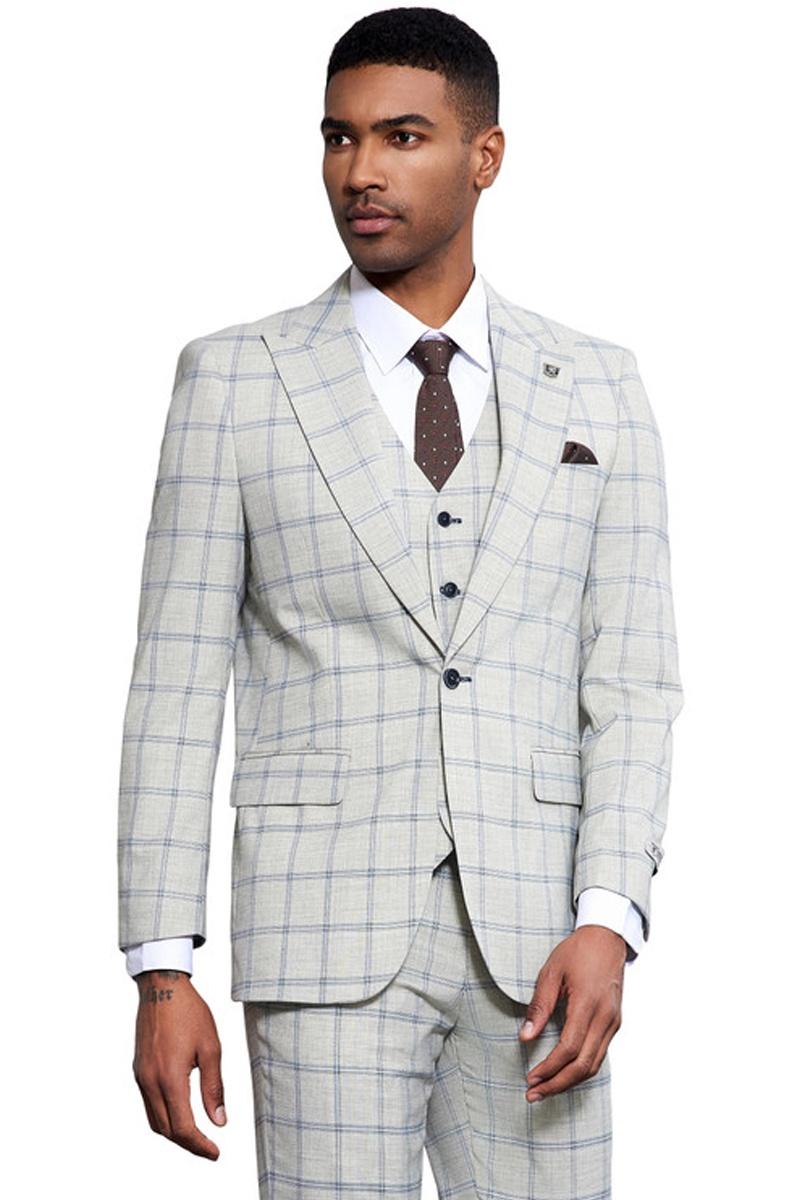 Stacy Adams Grey & Blue Windowpane Plaid Suit