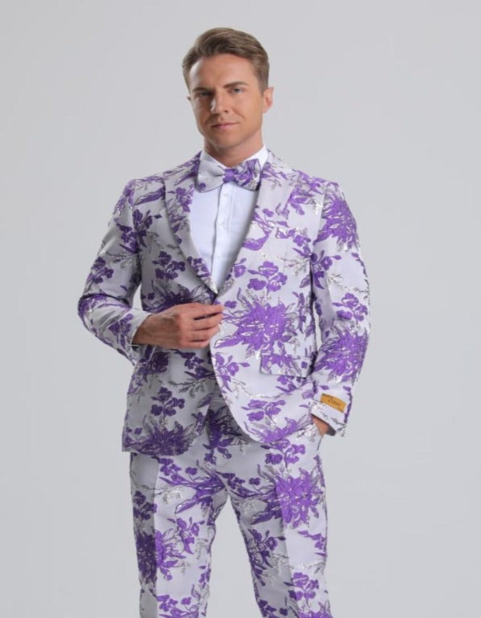 Purple, White & Silver Floral Paisley Prom Tuxedo