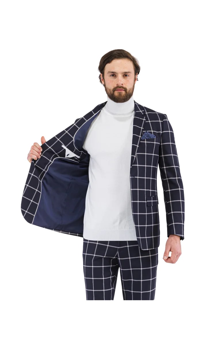 Harvy Fit Navy Check Plaid Suit by Rossiman