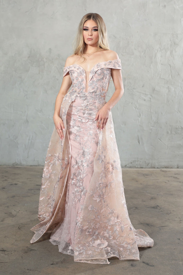 High Couture NR2283 Long Floral Applique Formal Evening Dress