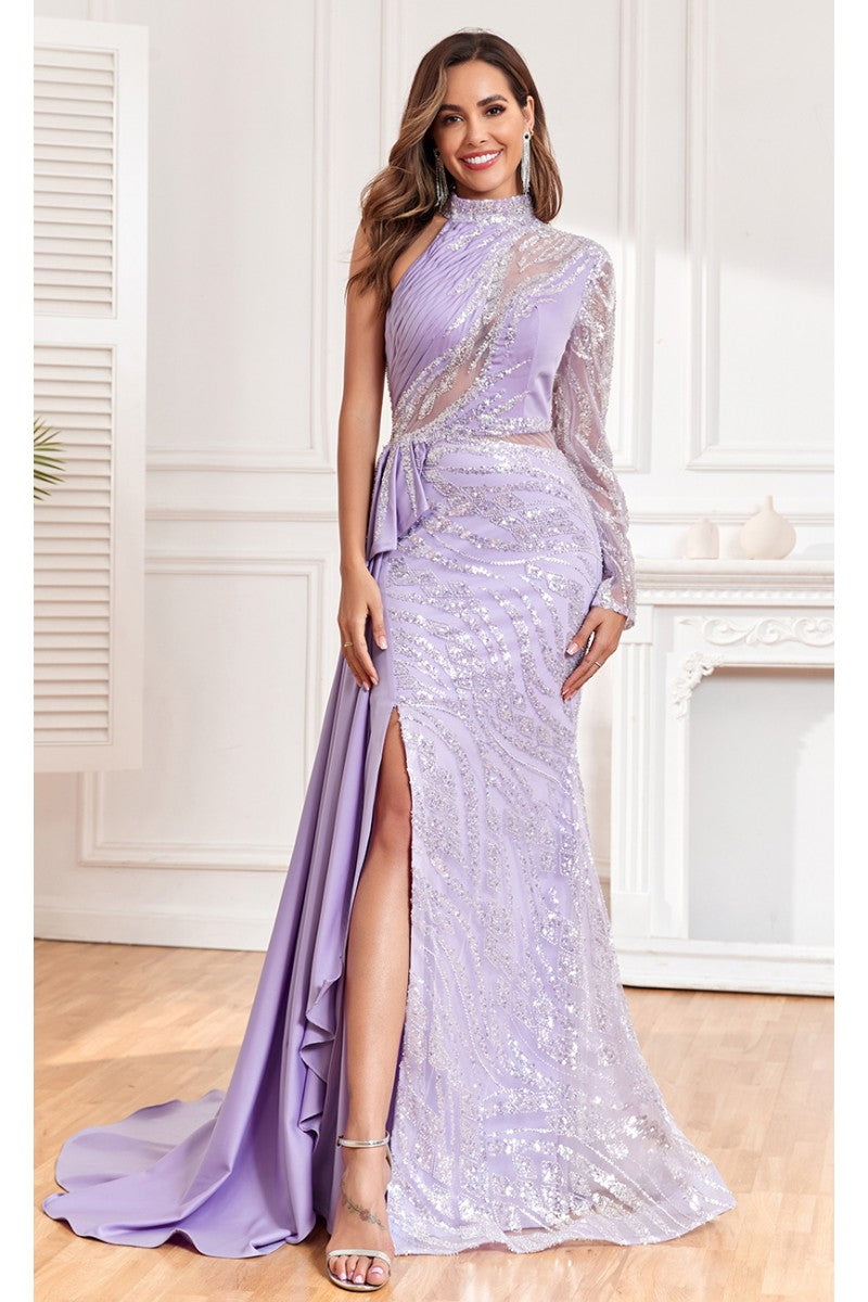 High Couture NR2311 Long Ruffle Slit Formal Beaded Evening Dress