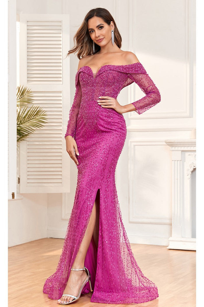 High Couture cFitted Slit Long Beaded Evening Formal Dress