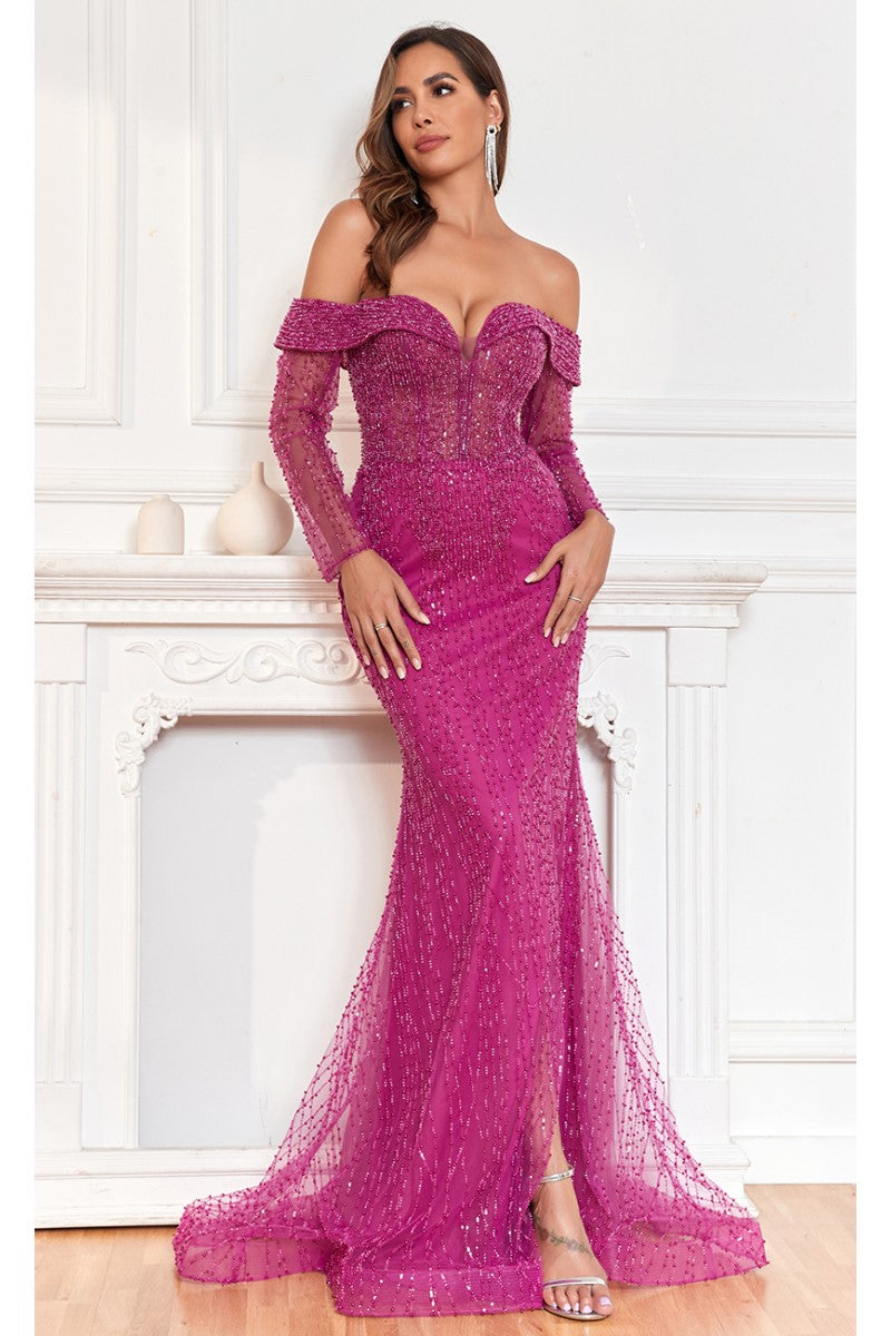 High Couture cFitted Slit Long Beaded Evening Formal Dress