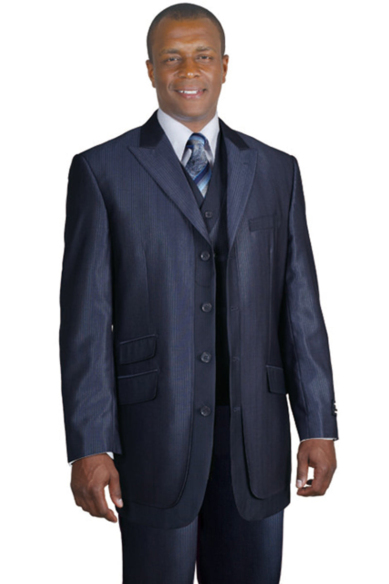 3-Button Sharkskin Peak Lapel Vested Suit Navy