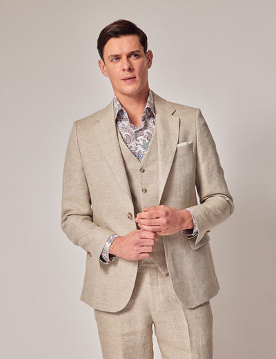 Men's Linen Beach Wedding Suit Natural Herringbone