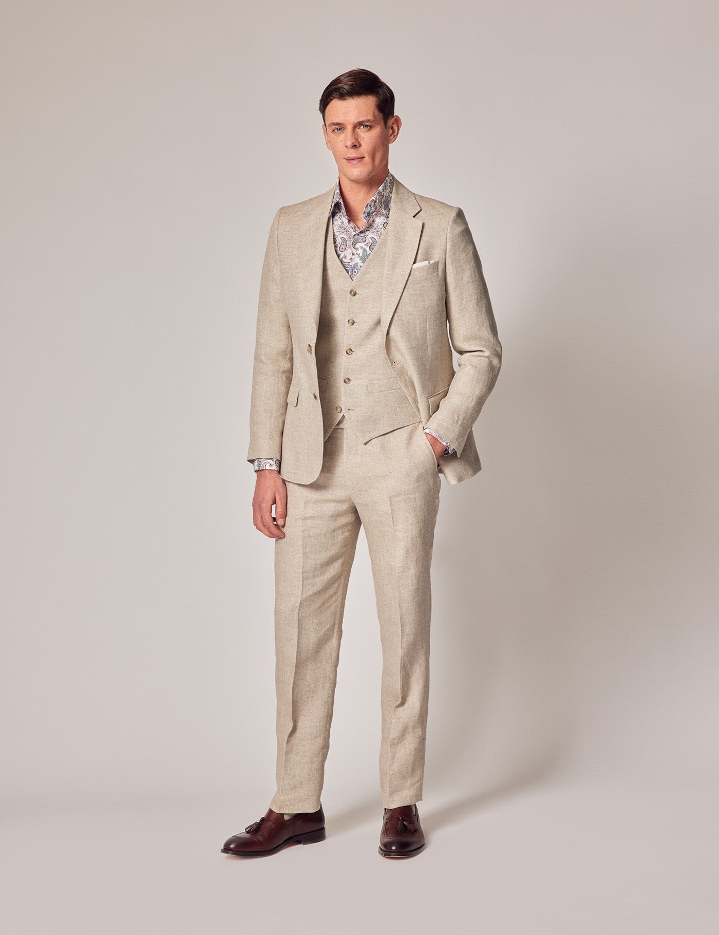 Men's Linen Beach Wedding Suit Natural Herringbone